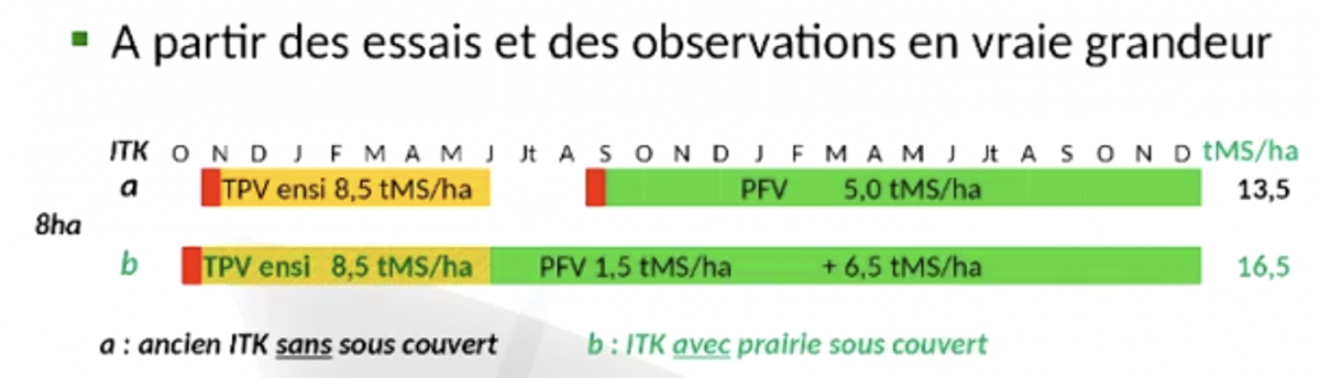 Différence de rendement ensilage + prairie entre le semis simultané d’automne et le sursemis de prairie au printemps. CP : ferme expérimentale Thorigné-d’Anjou.