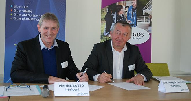 Pierrick Cotto, président d'Eilyps (à gauche) et Jean-François Treguer, président du GDS Bretagne ont signé la convention le 9 février au siège d'Eilyps à Pacé (Ille-et-Vilaine). Photo: N Tiers/Pixel image. Pierrick Cotto, président d'Eilyps (à gauche) et Jean-François Treguer, président du GDS Bretagne ont signé la convention le 9 février au siège d'Eilyps à Pacé (Ille-et-Vilaine).